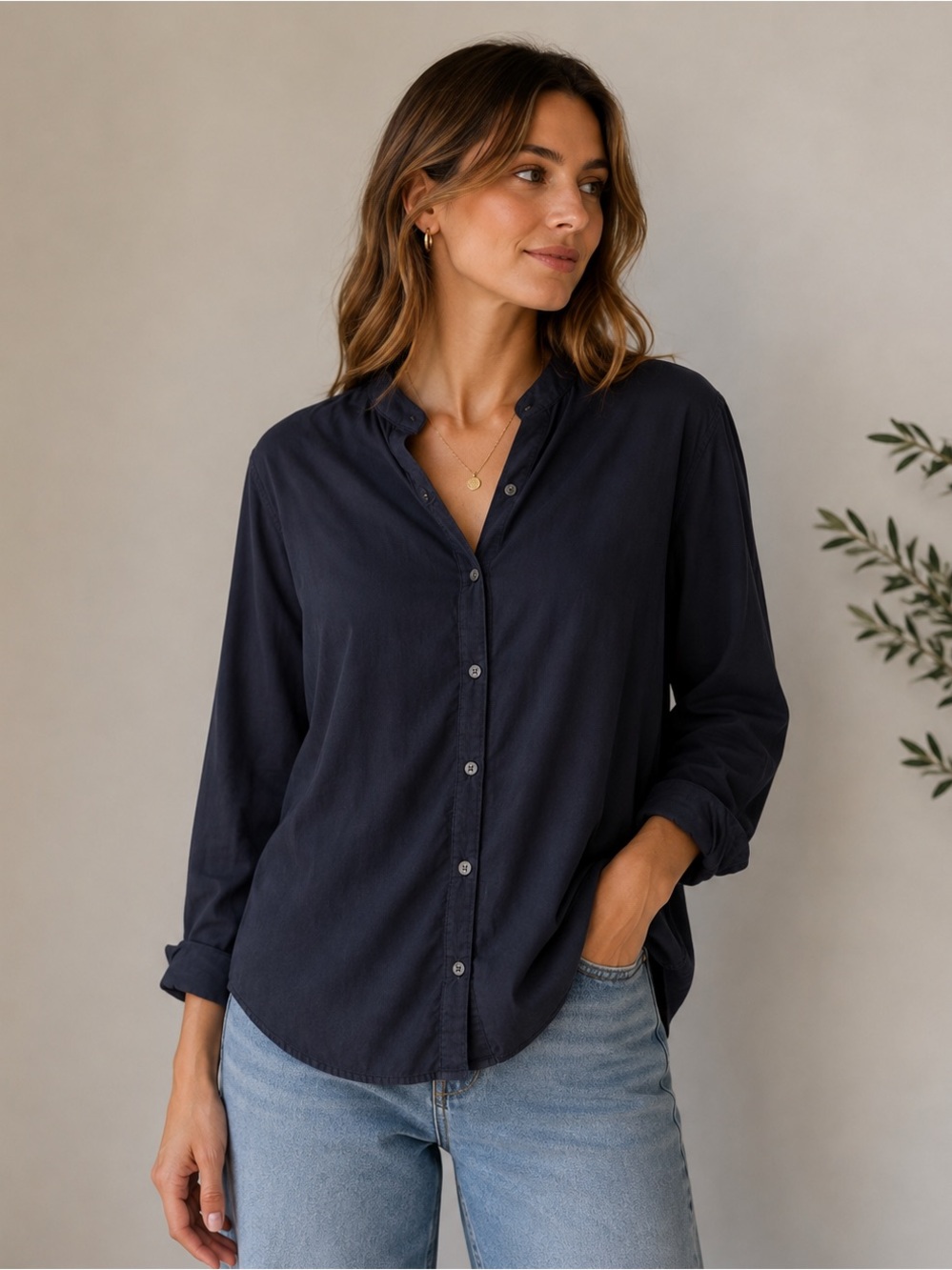 BLDWN 100% Cotton Button Down Long Sleeve Blouse Navy Blue Shirt